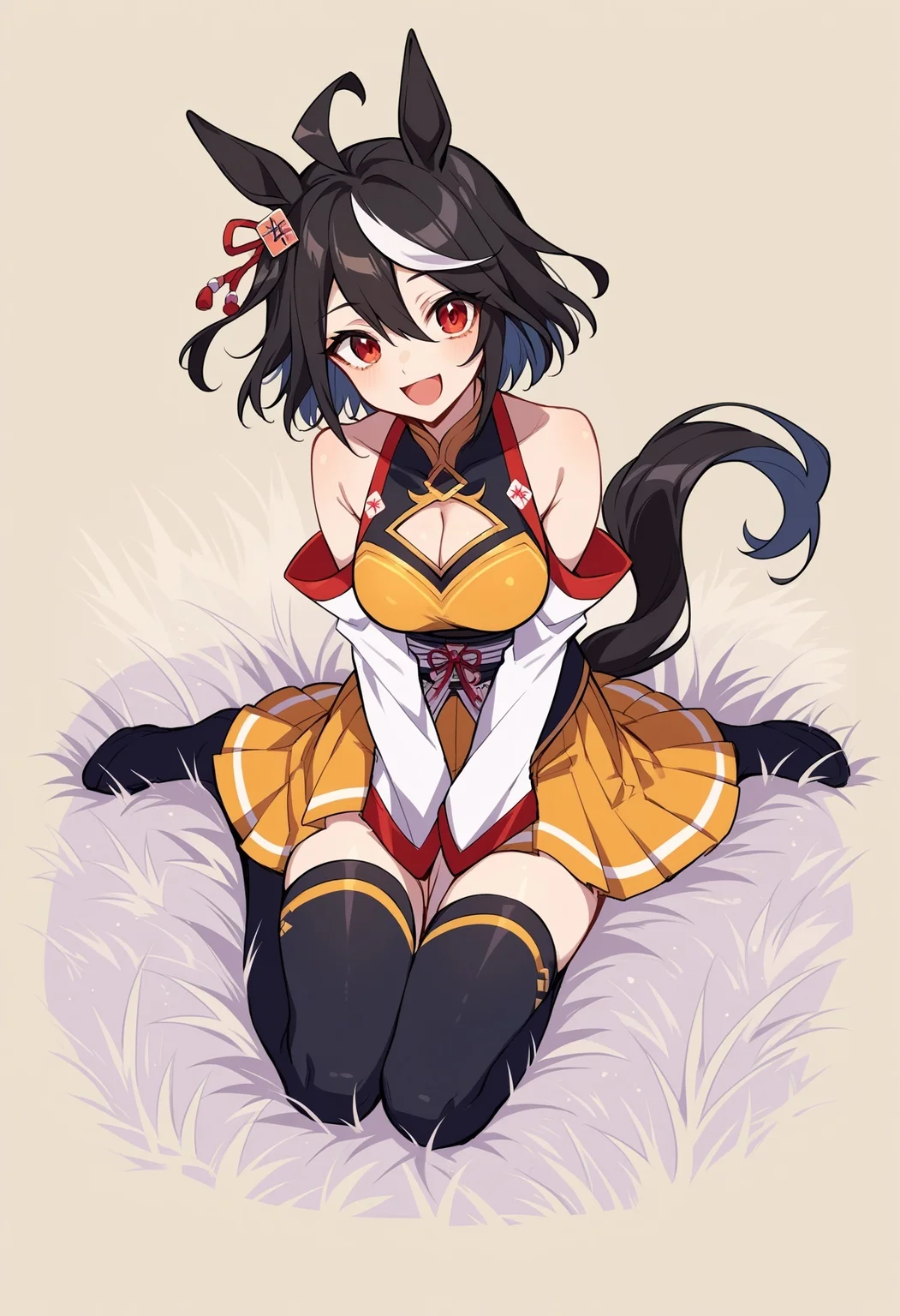 , score_9, score_8_up,score_7_up, source_furry, source_ anime, lineart, sketch, 1girl, kitasanblack, ahoge, hair ornament, animal ears, horse tail, cleavage cutout, shimenawa, kouhaku nawa, detached sleeves, yellow skirt, pleated skirt, black thighhighs, bare shoulders, streaked hair, black hair, white hair ,red eyes , smiling, head tilt, sitting on grass, open mouth,
<lora:Potat-lineart_sketch_v1-USENEG:-0.9> <lora:umamusume_kitasanblack_ponyXL:0.8>
