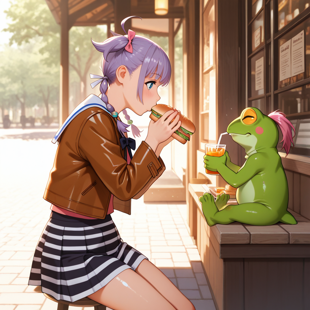 masterpiece, best quality, amazing quality, absurdres, newest, warm lively light, detailed background, lively and bustling atmosphere, definition so sharp, Ultra-HD, 8K cinematic, very awa, impressionate, amazing quality, highres, 

solo, shadow, shiny skin, female, outdoor, beauty, elegant, pastel color, indoor, day, coffee shop, eating sandwich, marmalade, cold orange juice, cold barley tea, 

cecilsudou,cecil_purple hair, cecil_blue eyes,1girl, twin braids, twintails, ahoge,ribbon, bow, hair bow, hair beads, brown leather jacket, sailor dress, striped clothes, pleated_skirt, striped skirt, 
different size
nanagenie, pokemon, green frog, facing another, side view, enjoy,