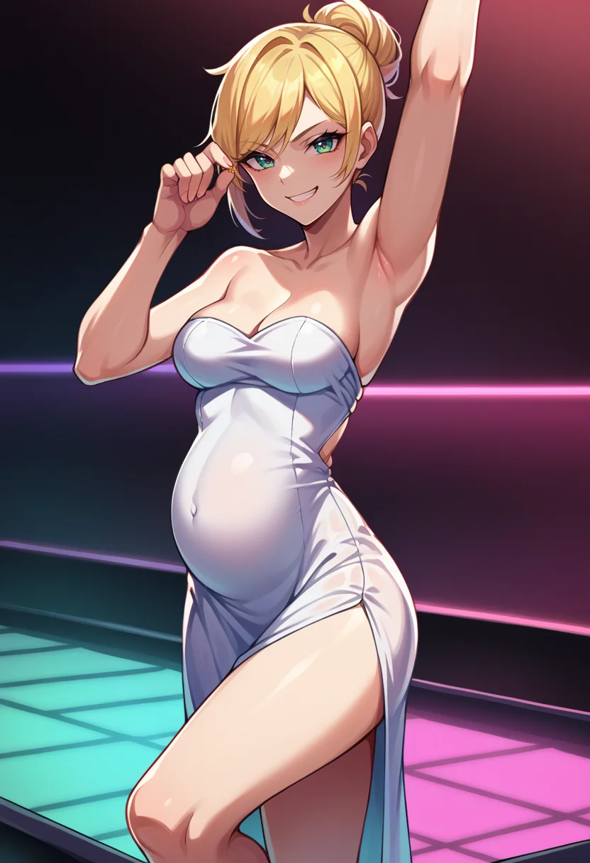 score_9, score_8_up, score_7_up, score_6_up, source_anime, BREAK
1girl, breasts, early pregnancy, (small belly), baby bump, tube dress, dancing, dance floor, cowboy shot, nightclub, looking at viewer, smirk, <lora:EarlyPregnancy:1>