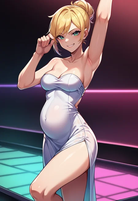 score_9, score_8_up, score_7_up, score_6_up, source_anime, BREAK
1girl, breasts, early pregnancy, (small belly), baby bump, tube dress, dancing, dance floor, cowboy shot, nightclub, looking at viewer, smirk, <lora:EarlyPregnancy:1>