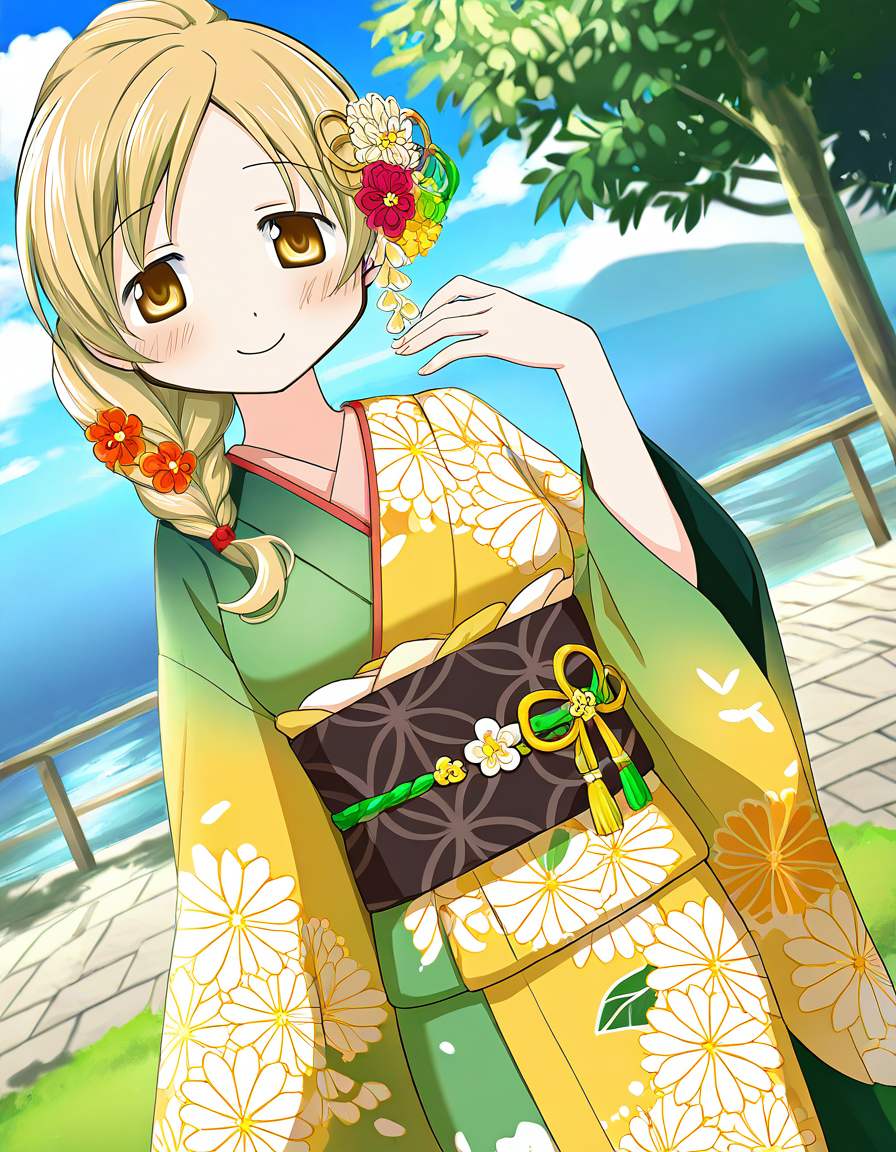 masterpiece, best quality, newest, absurdres, highres, safe, 1girl, tomoe mami \(haregi costume\), magia record: mahou shoujo madoka magica gaiden, smile, solo, day, outdoors, dutch angle, <lora:tomoe_mami_noobaiXLNAIXL_vPred10Version:0.7>