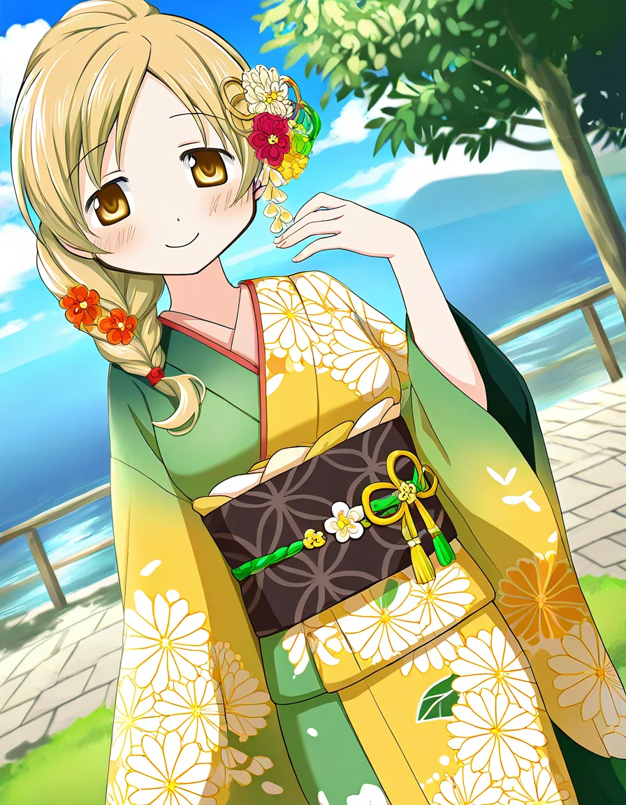 masterpiece, best quality, newest, absurdres, highres, safe, 1girl, tomoe mami \(haregi costume\), magia record: mahou shoujo madoka magica gaiden, smile, solo, day, outdoors, dutch angle, <lora:tomoe_mami_noobaiXLNAIXL_vPred10Version:0.7>