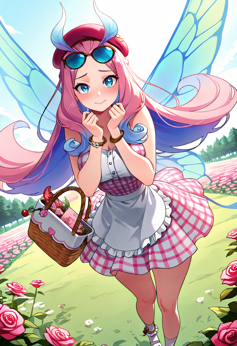 masterpiece, best quality, solo, curvy, beautiful eyes, narrow waist, wide hips, 1girl, solo, smile, looking at viewer, dynamic angle, foreshortening, close up,     zzTasi, blue eyes, long hair, multicolored hair, pink hair, wings,  ,<lora:TasiAFK_IXL:1.0>,  [Strawberry Picnic Sweetie], pink gingham sundress, frilly apron overlay, heart-buttoned cardigan, lace-trimmed ankle socks, strawberry beret, crossbody wicker bag, rose-tinted sunglasses, cherry charm bracelet, picnic basket, flower field blanket, sun-dappled meadow, open sketchbook, shy expression, soft curls,