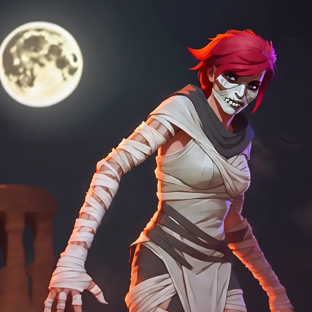 arcane, vi, red hair, wraps, bandages, mummy, halloween, mummy costume, arm bandages, torso bandages, face bandages, leg bandages, mummy, night, moon <lora:vi-offset:0.65>