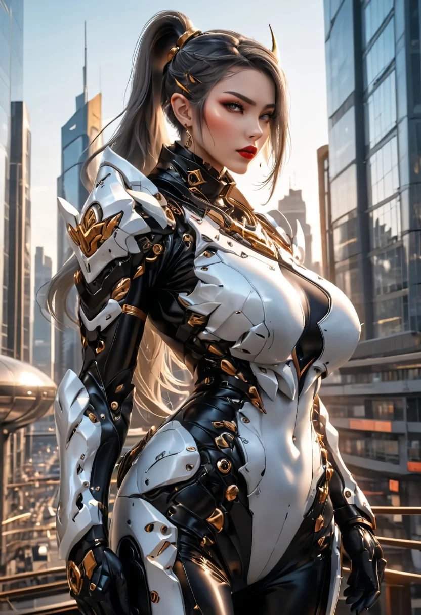 Elf Battlemech pilot. Looking at viewer, fierce, determined, dynamic pose. Wide shot, back arch. latex choker. Huge décolletage. Beautiful young curvy model with hourglass figure, muscular arms, long hair ponytail, heavy eye makeup, lipstick. sunset on futuristic city in the background