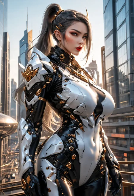 Elf Battlemech pilot. Looking at viewer, fierce, determined, dynamic pose. Wide shot, back arch. latex choker. Huge décolletage. Beautiful young curvy model with hourglass figure, muscular arms, long hair ponytail, heavy eye makeup, lipstick. sunset on futuristic city in the background