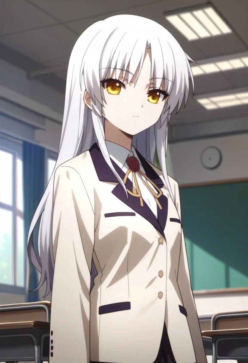 score_9, score_8_up, score_7_up, source_anime, tachibana kanade, white hair, long hair, yellow eyes, 1girl, school uniform, solo, jacket, blazer, classroom