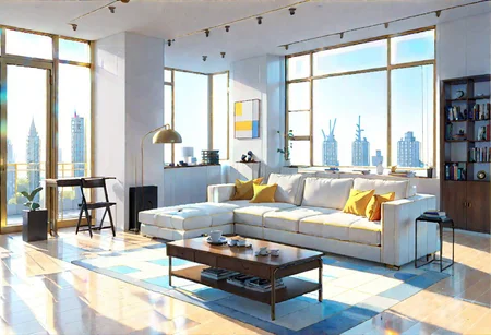 ((front view)), (Close-Up View), (Rule of Thirds), (Golden Ratio), ((animation style)), modern-style interior, white walls, ((large windows)), wooden floor, a  study, Sofa, coffee table, bookcase, single wall, 
warm light morning sun, (((City high-rise building scenery))), (((clear sky)))