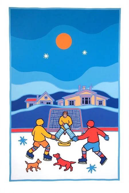 teha1 illustration. The background features a gradient sky transitioning from a deep blue at the top to a lighter blue at the bottom, with a large, stylized sun in the center, emitting a warm glow. Snow flake are falling on thes house in the background. two teams are playing ice hokey. There is a dog at the bottom left corner. <lora:teha1_cap_d6a3e11:1.0><lora:827673634542757694:0>