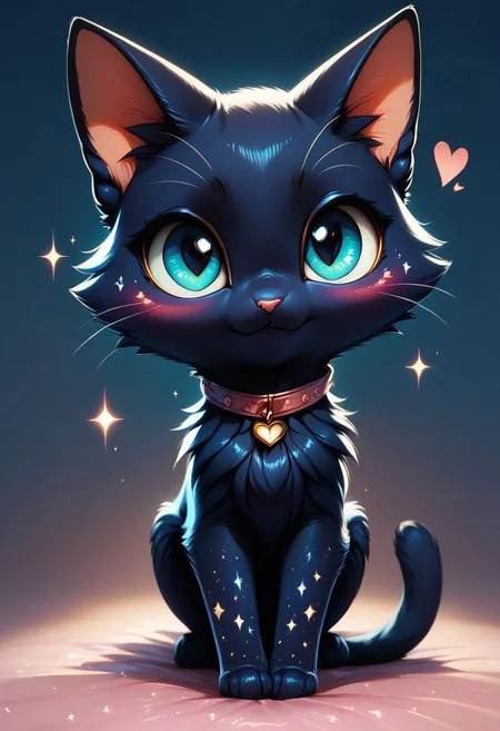 score_9, score_8_up, score_8,
cat, black fur, solo, looking at viewer, blush, blue eyes, simple background, heart, collar, gradient, gradient background, no humans, sparkle, animal, animal focus, full body, moon, starry sky,