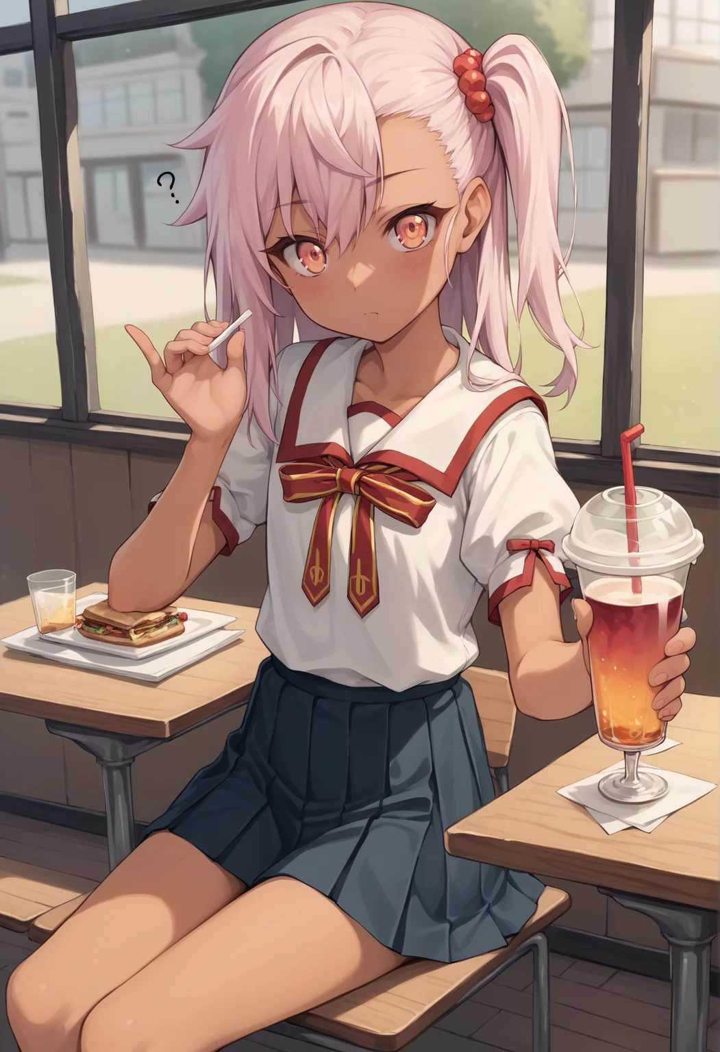 1girl, dark skin, pink hair, orange eyes, medium hair, side ponytail, stomach tattoo, neck ribbon, school uniform, short sleeves, skirt, shirt, cafe, sitting, holding drink, looking at viewer, confused <lora:Kuro_XL:1>, score_9, score_8_up, score_7_up, score_6_up, score_5_up, score_4_up, BREAK source_anime, masterpiece