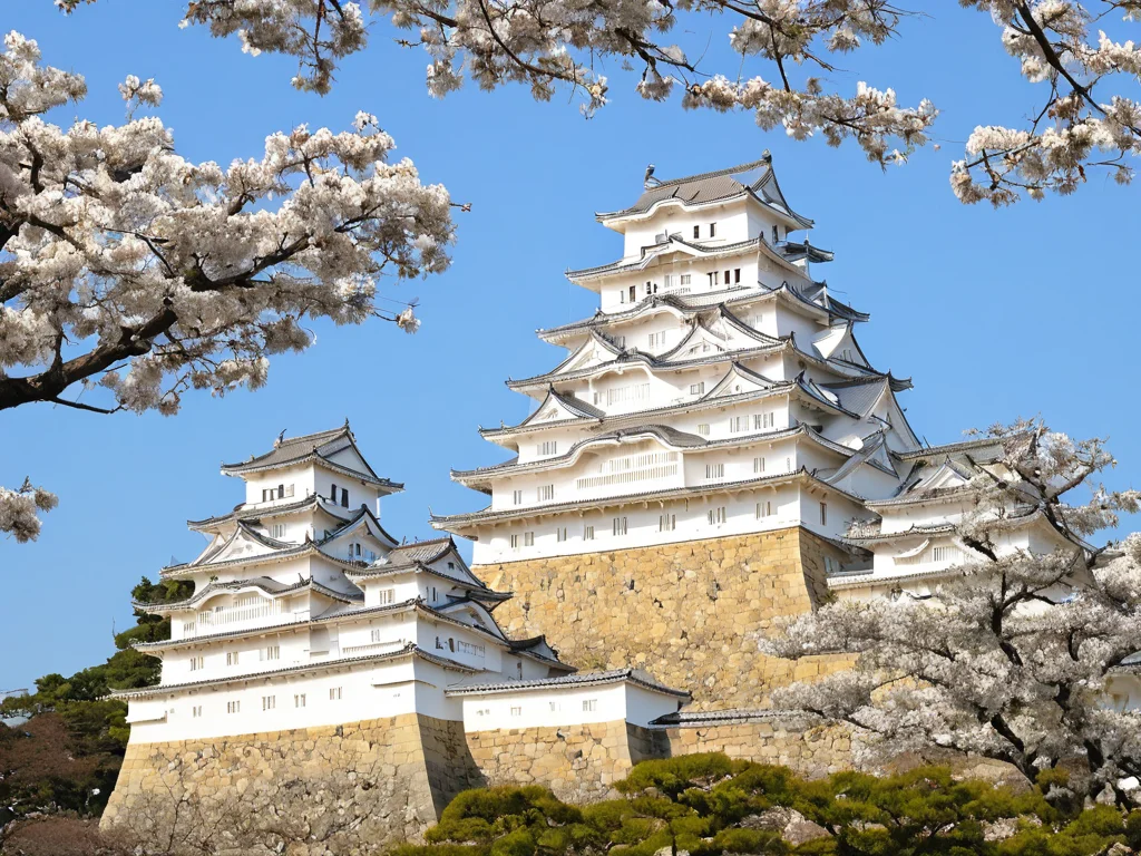 <lora:himeji_castle_AB_XL:0.7>,himeji castle,japan castle,blue sky,tree,