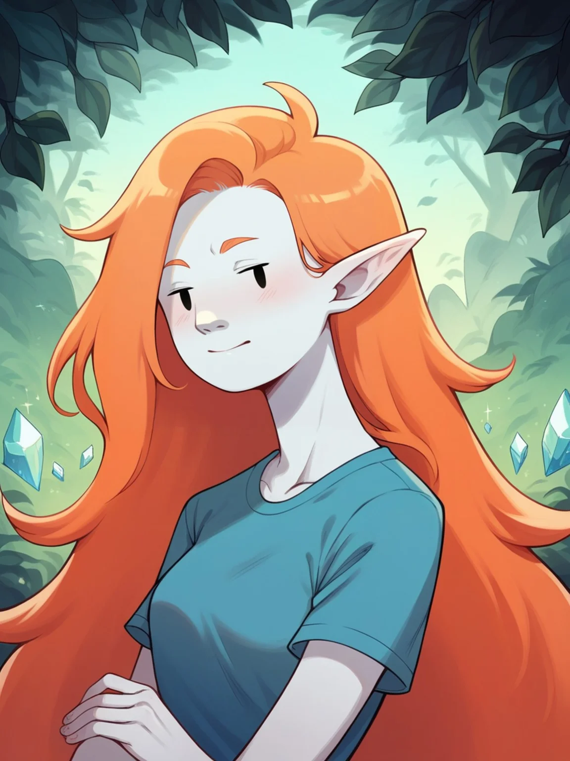 score_9, score_8_up, score_7_up, score_6_up, score_5_up, score_4_up, 4dv3ntur3t1m3, adventure time, <lora:4dv3ntur3t1m3XLP:1> 1girl, orange hair, portrait, long hair, crystals, forest, ghosts, pale skin