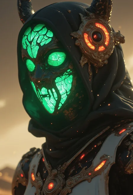 A apoclypse surreal cyberpunk setting under a gritty bleaked beige and Green misty desert sunset, a Closeup Portrait of an eerie horned hkgod sci-fi shinobi nun-scout with billowing octopus backpack in a sandstorm, their holographic crystalline mask glinting like shattered rainbows. Iridescent black amber teal energy veins pulse across their form. The atmosphere is thick with heat distortion, glowing particles floating in the air. dark atmospheric lighting, white cybernetic armor. Wielding a massive sss great sword with intricate translucent engravings, hknuns