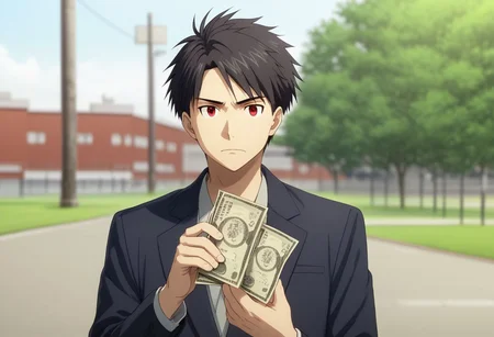 high resolution, solo, best quality, 1Boy, Yamato Ishida, Black Hair, Red Eyes, portraits, arrogant, holding a money, outdoor, Half Body, Depth Of Field, OverallDetail