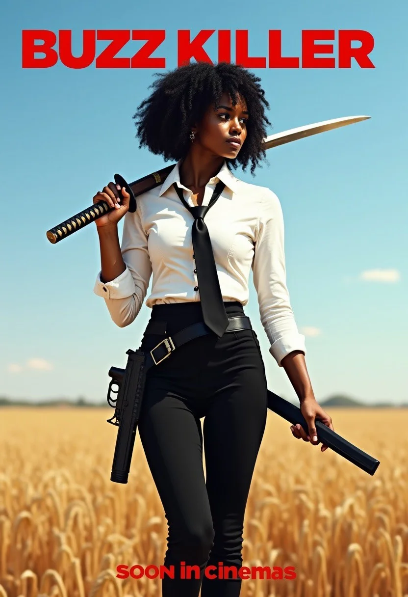 Photograph, ultra high quality,
Beautiful Woman, Black woman, very dark skin, skinny waist, large breasts, hourglass figure, high cheekbones, thick eyebrows, huge eyes, dark brown eyes, very curly bobbed hair, black hair,
black smoking, white shirt, black tie, standing, a sheathed katana in her right hand carried over her shoulder, a gun in her left hand hanging by her side, serious face, looking on the side,
In a wheat field, sunny day, bright blue sky,
photo is captured from the ground, picture is a movie poster, movie title in big red letters on top of the image reads "BUZZ KILLER", at the bottom of the image is an other text in red that reads "soon in cinemas",
highly detailed,
