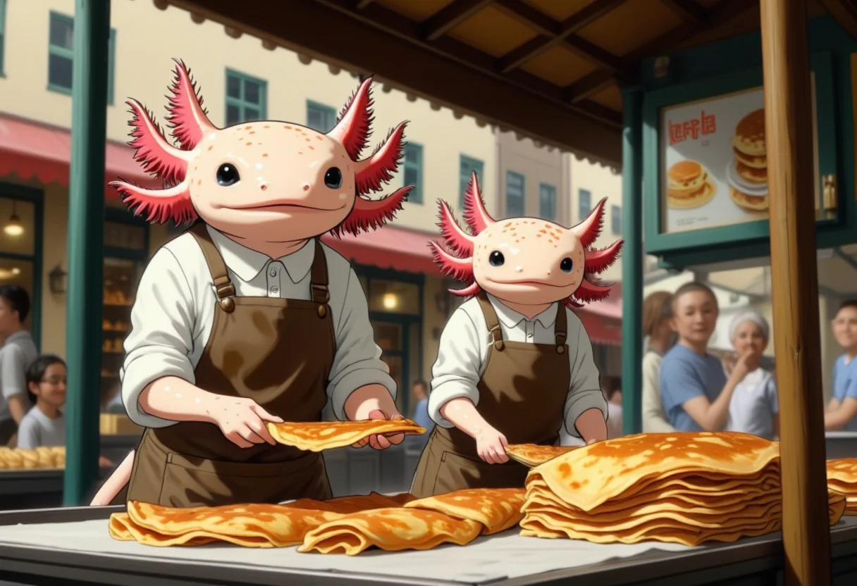 a studio ghibli anime film about anthropomorphized axolotls, axolotl crepe maker, in a street market, making crepes to order, wearing a casual apron, bustling market environment, the axolotls are clothed, the vibrant distinct style of studio ghibli shows the serene beauty of the scene, the food is meticulously drawn and extremely detailed and looks delicious, the axolotls have round black eyes and pink frilly gills