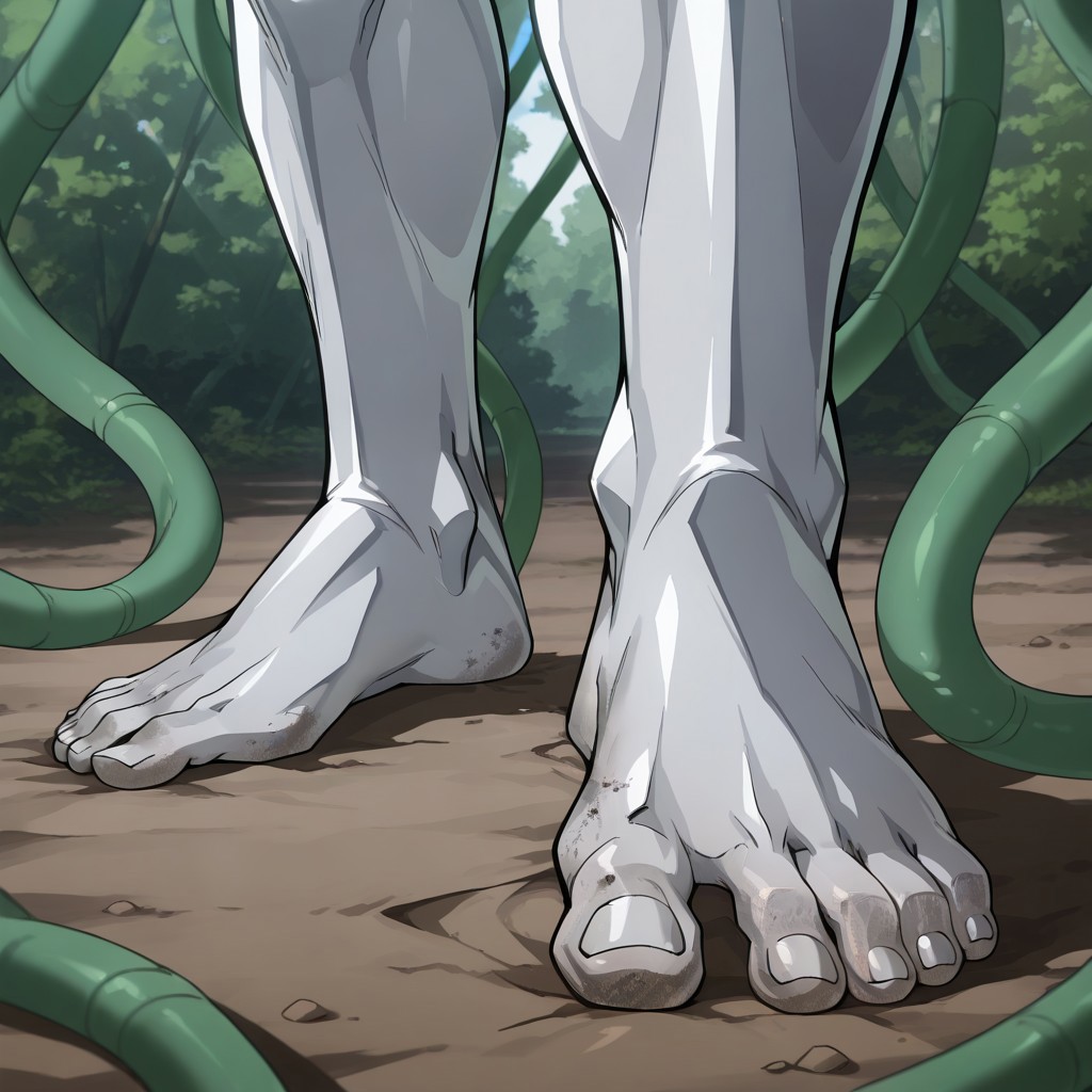 masterpiece, 4k, best quality, sharp aliasing, highly detailed, intricately detailed illustration, anime screencap, source_anime, male, outdoors, muddy ground, 2boys, adult, grown up, solo, corelifeunit, silver skin, green tentacles, tamaki_amajiki, barefoot, five toes, silver feet, silver soles, silver toes, close up shot, footfocus, feet only in view, no body view , toe nails, dirty feet