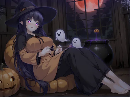 indoors,window,spider web,red moon,capelet,pointy ears,parted lips,gasp,surprised,glowing eyes,forest,mist,pond,witch hat,halloween,witch,halloween costume,happy halloween,cauldron,pumpkin,horror \,(theme\),ghost,frilled dress,orange dress,black dress,multicolored clothes,cloak,silk,floating object,looking down,stirring,mismatched legwear,long skirt,attack,orange fog,liquid,bubble,alchemy,laboratory,science fiction,poison,pumpkin,dripping,kagami,escude,breasts,long hair,large breasts,black hair,purple eyes,very long hair,standing,indoors,blush,smile,<lora:Kagami_Shura_-_Illustrious:1>,barefoot,school outfit,looking at viewer,window,moonlight,night,on back,sitting,, masterpiece,best quality,amazing quality,