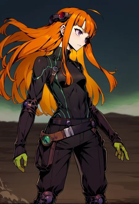 <lora:Unlight:1> Unlight, <lora:zs_FutabaXL:0.8> futabaoracle, orange hair, long hair, blunt bangs, ahoge, purple eyes, goggles on head, black bodysuit, green gloves, black pants, belt, knee pads,, score_9, score_8_up, score_7_up, source_anime,