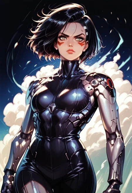 realistic, score_9,score_8_up,score_7_up, PollyStyleMix , alita, battle angel alita, cyborg, mechanical arms, bodysuit, red facial marks, black hair, short hair, cyberpunk, cowboy shot, badass expression