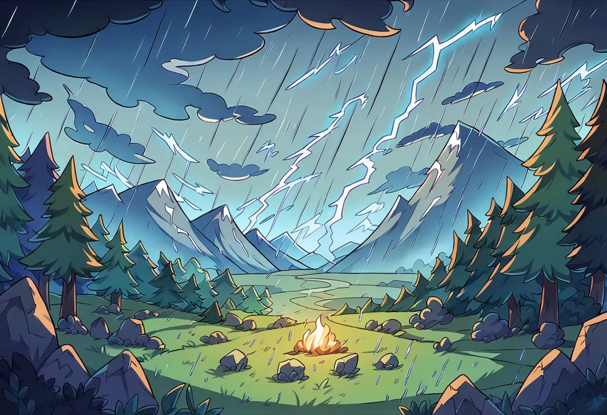 score_9, score_8_up, score_7_up, nature, landscape, dark swirling clouds, lightning storm, rain, forest fire, jagged rocks,