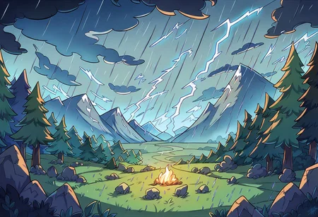 score_9, score_8_up, score_7_up, nature, landscape, dark swirling clouds, lightning storm, rain, forest fire, jagged rocks,