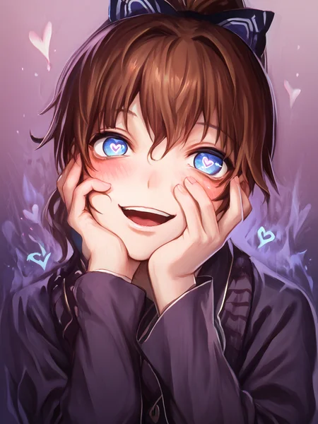 score_9, score_8_up, score_7_up, uncensored, BREAK, 1girl, <lora:yoshitoshi_ABe_Style_PDXLv0:0.8> abe yoshitoshi style, solo, brown hair, blue eyes, ponytail <lora:yandere-trance-ponyxl-lora-nochekaiser:1> yandere trance, yandere, hands on own cheeks, hands on own face, crazy eyes, crazy smile, crazy, heart-shaped pupils, glowing eyes, symbol-shaped pupils, hand on own face, open mouth, glowing, blush, looking at viewer,