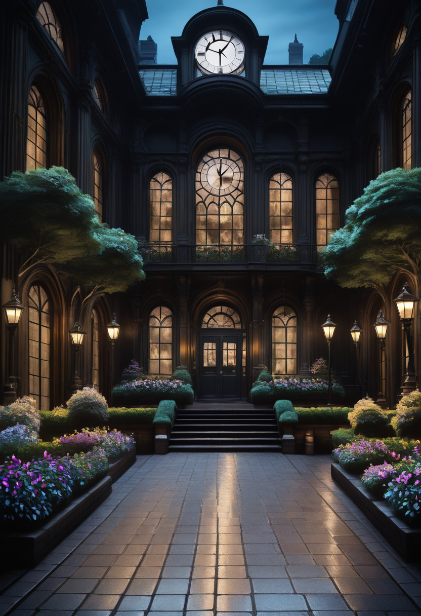 masterpiece, best quality,  d4rk4c4dem1a,   flower, outdoors, tree, no humans, window, night, plant, building, stairs, door, clock, road, bush, lamppost, arch, pavement, BREAK, subsurface scattering, soft lighting, contemplative expression, dark background, subtle makeup, high-resolution, detailed texture, emotional depth, dramatic mood, side profile, serene atmosphere, cinematic lighting  ,<lora:DarkAcademia_IXL:1.0>,