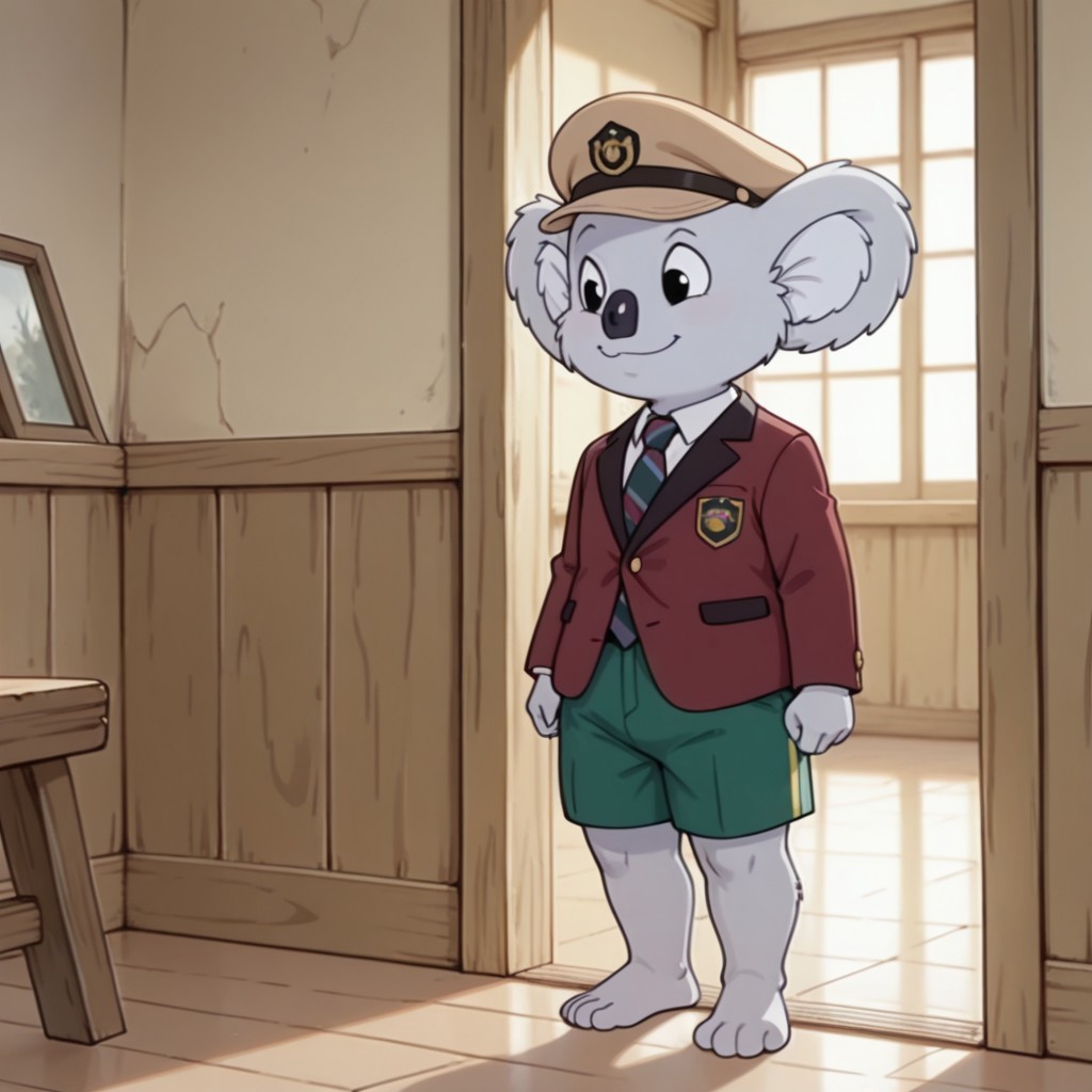 masterpiece, best quality, amazing quality, Blinkybbil, semi-anthro, male, Koala, grey fur, black eyes, tan hat, red jacket, striped tie, green shorts, standing, inside, smile