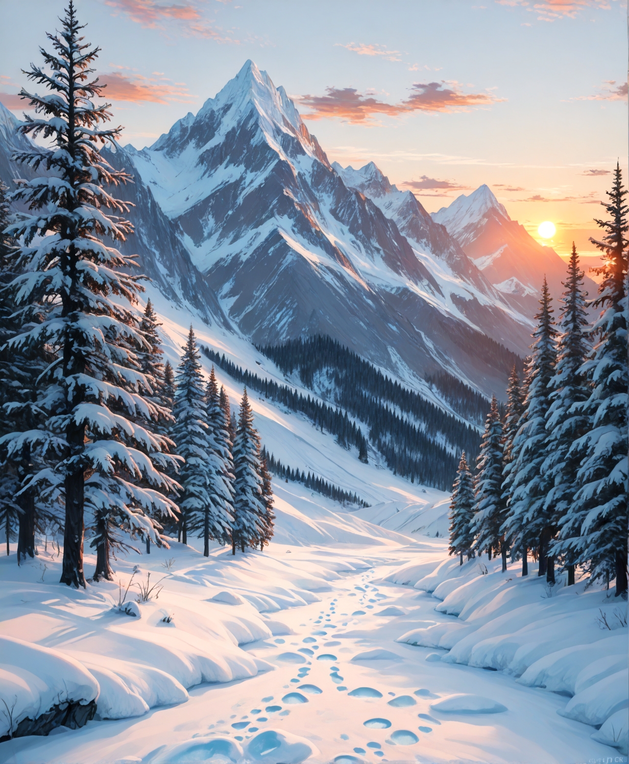 masterpiece, best quality, amazing quality, very aesthetic, perfect eyes, Sinozick_illu, crestyle, Sinozick_illu, gr4ph1t3,
,outdoors, sky, cloud, tree, no_humans, sunlight, nature, scenery, snow, forest, sunset, ice, mountain, sun, winter, bare_tree, footprints, pine_tree,A stunning landscape photograph of a mountain range during sunset. The sky is a beautiful mix of oranges, pinks, and purples, with the sun setting in the background. The mountains are covered in a blanket of snow, with a few trees scattered along the banks. The water is calm and reflects the warm light. The overall mood is peaceful and serene. The image is high quality and has a soft, painterly quality.
