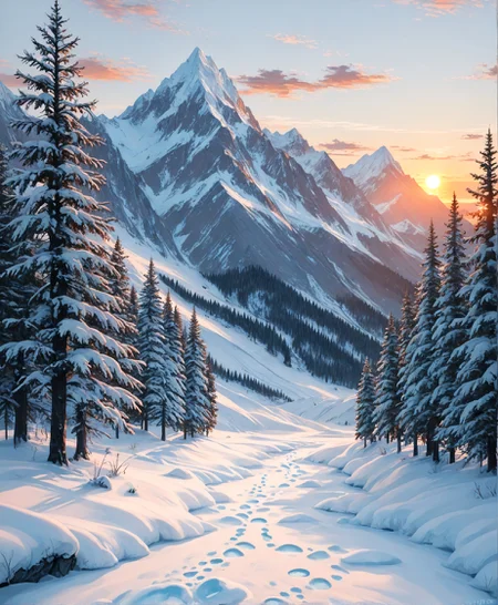 masterpiece, best quality, amazing quality, very aesthetic, perfect eyes, Sinozick_illu, crestyle, Sinozick_illu, gr4ph1t3,
,outdoors, sky, cloud, tree, no_humans, sunlight, nature, scenery, snow, forest, sunset, ice, mountain, sun, winter, bare_tree, footprints, pine_tree,A stunning landscape photograph of a mountain range during sunset. The sky is a beautiful mix of oranges, pinks, and purples, with the sun setting in the background. The mountains are covered in a blanket of snow, with a few trees scattered along the banks. The water is calm and reflects the warm light. The overall mood is peaceful and serene. The image is high quality and has a soft, painterly quality.