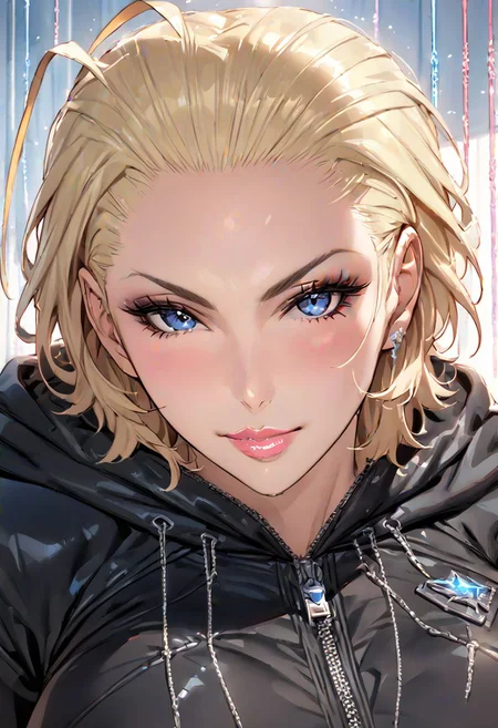 (masterpiece)), ((best quality)), (ultra-detailed), HDR, shapes, beautiful face, looking at viewer, solo, close-up, seductive smile, 1girl, ,(mature female, older,), milf, motherly, wide hips, curvy, lips, upper body, solo,  larxene, blue eyes, blonde hair, short hair, antenna hair, black coat, draw strings, hood down