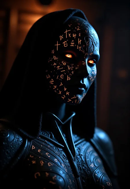 In the dim light of a flickering forge, the Rune Knight stands still as a statue, her presence radiating an ancient, quiet power. Her face, partially obscured by a helm of dark iron, reveals only her right eye—piercing, cold, and aglow with an ethereal light. Encircling it, intricate runes swirl in perfect symmetry, etched into her skin as if by the hands of forgotten gods. These glowing symbols pulse faintly with a deep, arcane energy, shifting between silver and violet, each rune a ward, a seal, and a weapon in itself.
Her eye, sharp as a blade, gleams beneath the runes—an endless well of knowledge and battle-won wisdom. The light of the runes casts delicate shadows across her angular features, giving her an almost unearthly beauty, one forged in both fire and magic. As the runes burn brighter, the air around her seems to hum with their power, a subtle warning to any who would dare meet her gaze.
Her armor, black as night and inscribed with the same ancient runes, shimmers faintly in the dim light, each piece a relic of wars long past. The runes around her eye seem alive, as if they whisper secrets only she can hear, binding her to the powers of the deep.