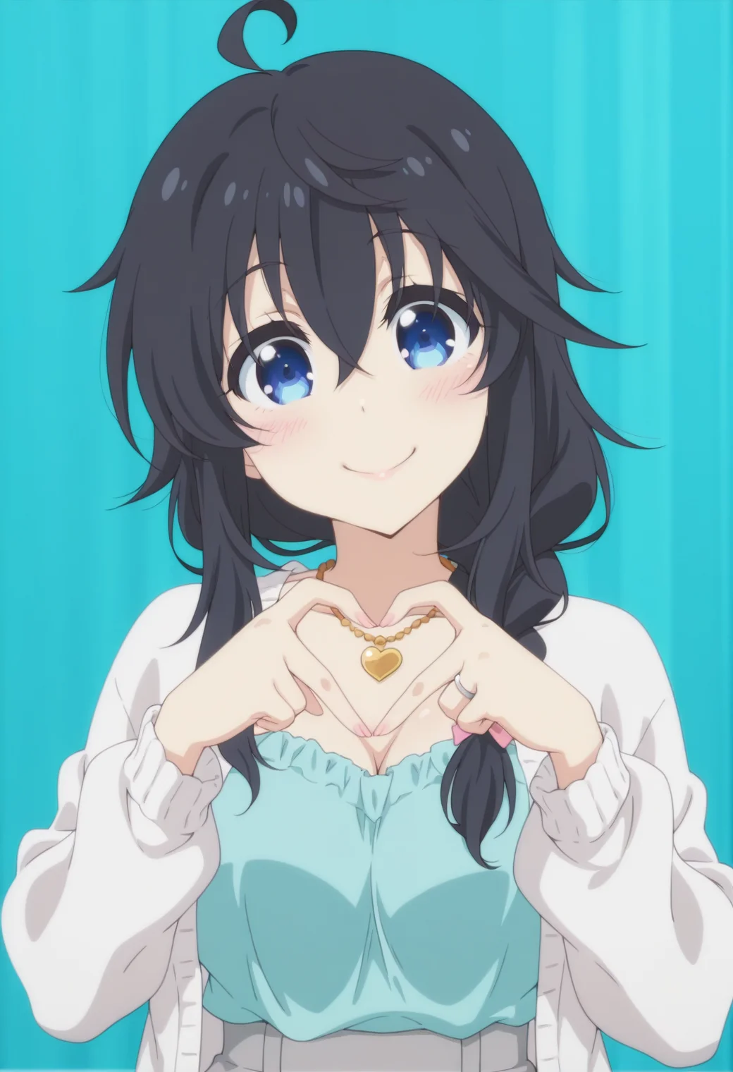 anime screencap, anime coloring,  <lora:DX888Ako:1> tamaki ako, blue eyes, black hair,  hair between eyes, ahoge,( single braid:1.2) hair over shoulders BREAK shirt, grey pants, (open cardigan:1.2), necklace,   wedding ring, cyan shirt, white cardigan,  BREAK simple background, aqua background,  sunburst background, BREAK   1girl, blush, breasts,  hands up, (head tilt:1.2), heart hands, looking at viewer, portrait, solo, upper body,  4-finger heart hands, smile