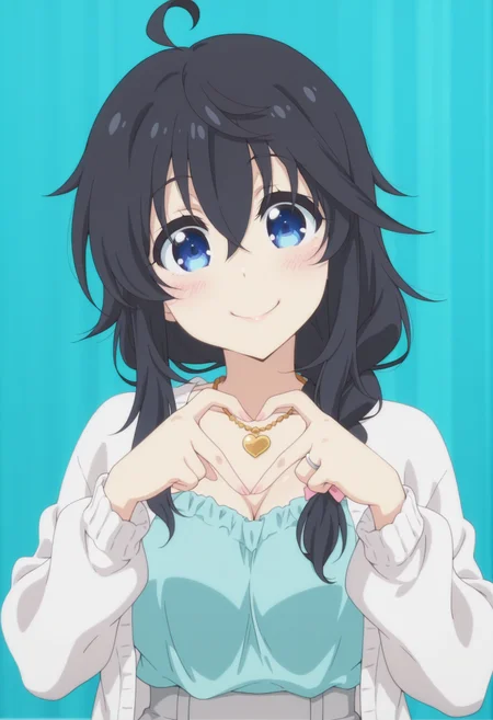 anime screencap, anime coloring,  <lora:DX888Ako:1> tamaki ako, blue eyes, black hair,  hair between eyes, ahoge,( single braid:1.2) hair over shoulders BREAK shirt, grey pants, (open cardigan:1.2), necklace,   wedding ring, cyan shirt, white cardigan,  BREAK simple background, aqua background,  sunburst background, BREAK   1girl, blush, breasts,  hands up, (head tilt:1.2), heart hands, looking at viewer, portrait, solo, upper body,  4-finger heart hands, smile