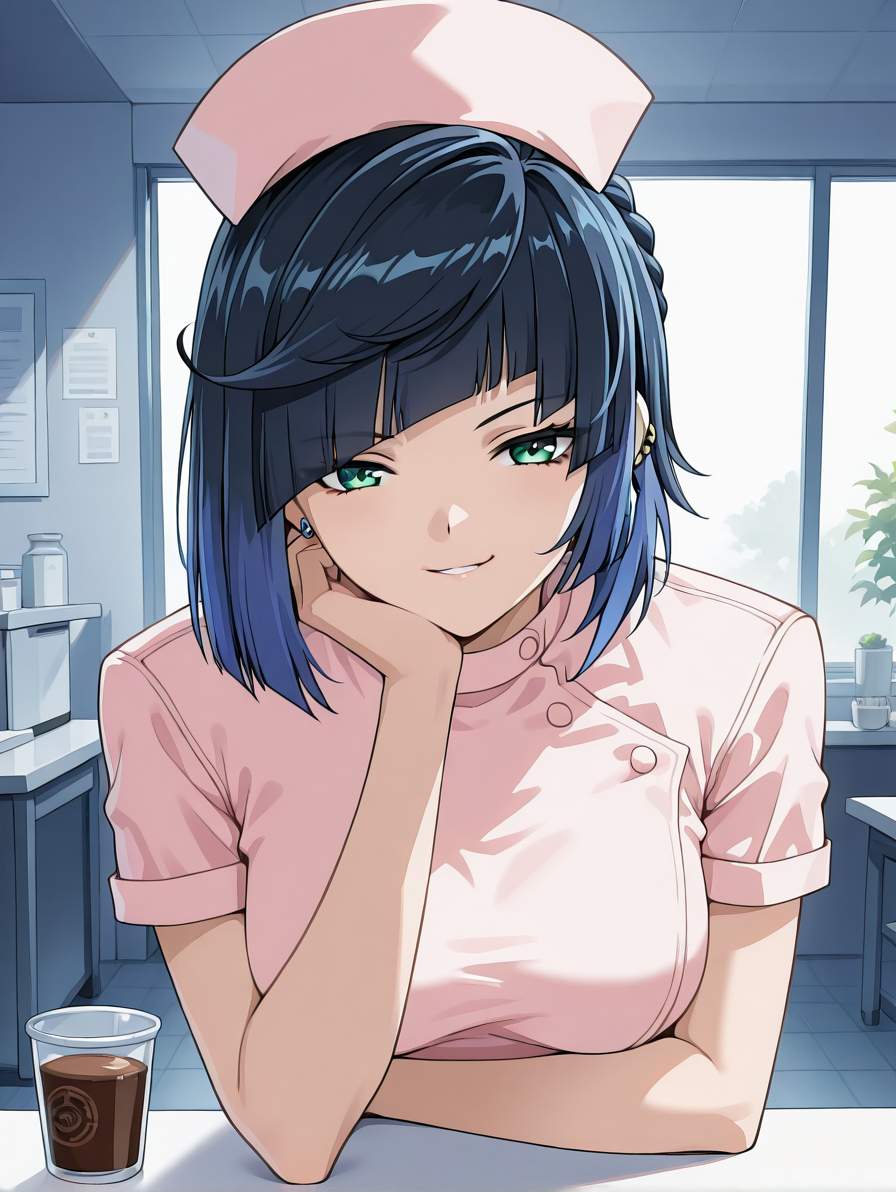 <lora:yakin-kaidan-illustrious-000004:0.9> yelan \(genshin impact\), nurse, smirk, smug,
1girl, solo, pov across table, cafe