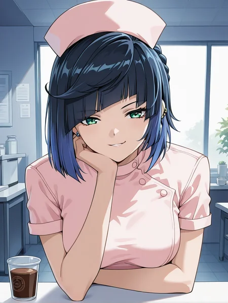 <lora:yakin-kaidan-illustrious-000004:0.9> yelan \(genshin impact\), nurse, smirk, smug,
1girl, solo, pov across table, cafe