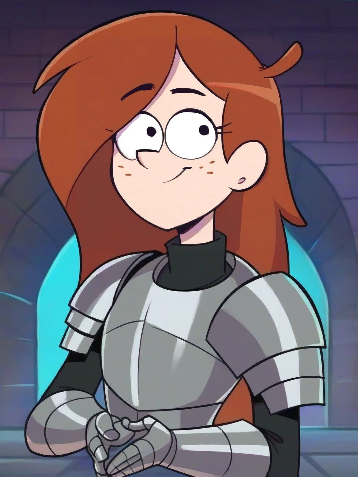 <lora:WendyCorduroyV2:0.7> w_g_f, 1girl, ginger hair, pupils black dots, freckles,       ((steel knight armor)), castle background, score_9, score_8_up, score_7_up,