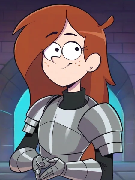 <lora:WendyCorduroyV2:0.7> w_g_f, 1girl, ginger hair, pupils black dots, freckles,       ((steel knight armor)), castle background, score_9, score_8_up, score_7_up,