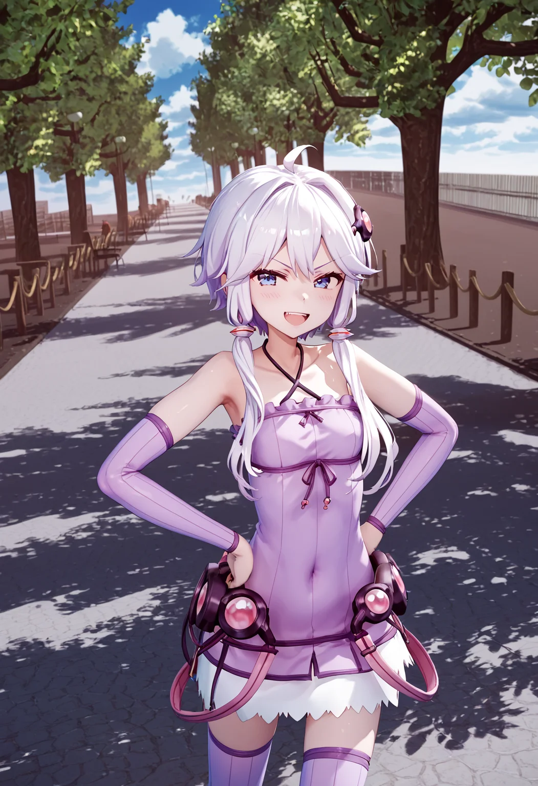 score_9, score_8_up, score_7_up,
<lora:YuzukiYukari_Uzai_V1:1>1girl, blue sky, bridge, closed mouth, cloud, cowboy shot, day, facing viewer, feet out of frame, hand on hip, jacket, lamppost, looking at viewer, open mouth, outdoors, outstretched arm, park, photo background, road, scenery, shadow, sleeveless, sleeveless dress, smile, solo, standing, tree, w, walking, wide shot, zettai ryouiki
smug, smirk, blush, teeth, angry, bush,(upper body:1.5)