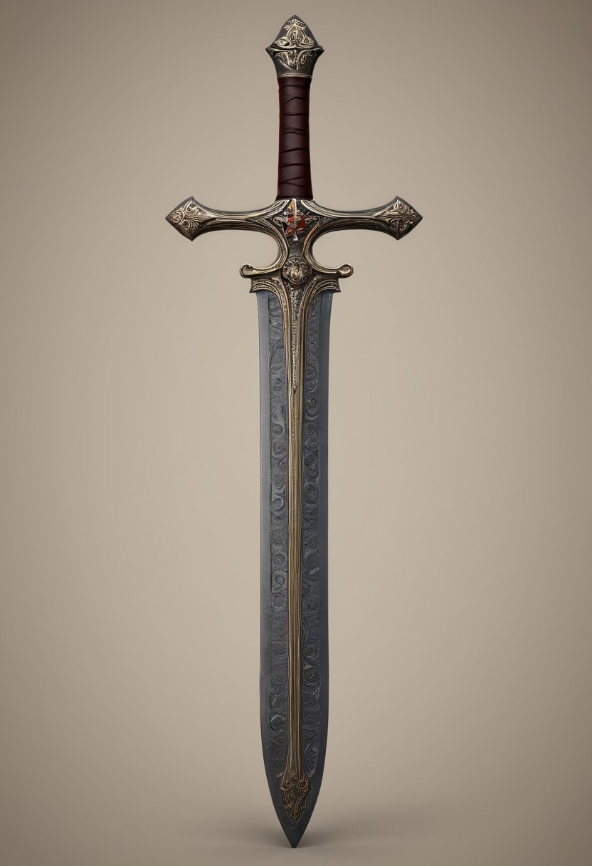(medieval_sword:1.4), (engraved_blade:1.5) with Latin_inscriptions, (cross_design:1.4) in the shape of a crucifix, leather_wrapped_handle, handmade_design, medieval_engravingultra_detailed_texture, PBR_material, , 8k,