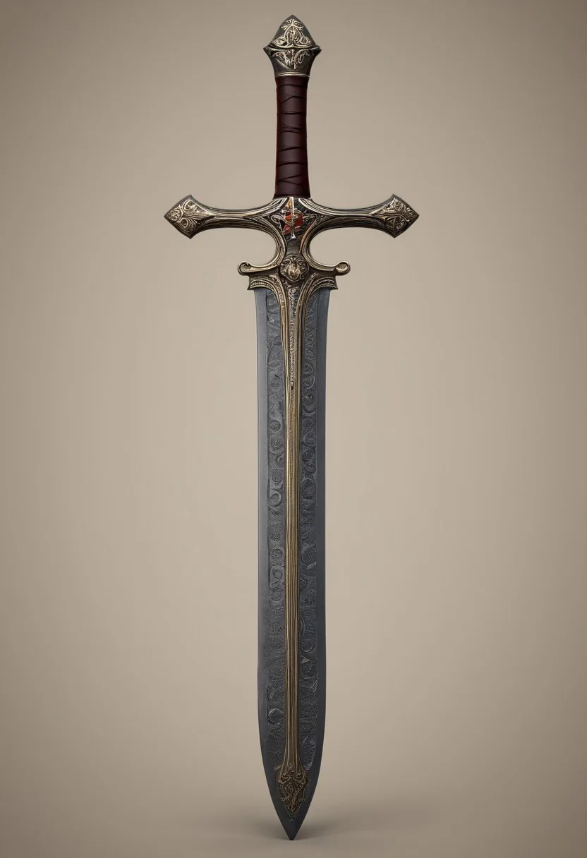 (medieval_sword:1.4), (engraved_blade:1.5) with Latin_inscriptions, (cross_design:1.4) in the shape of a crucifix, leather_wrapped_handle, handmade_design, medieval_engravingultra_detailed_texture, PBR_material, , 8k,