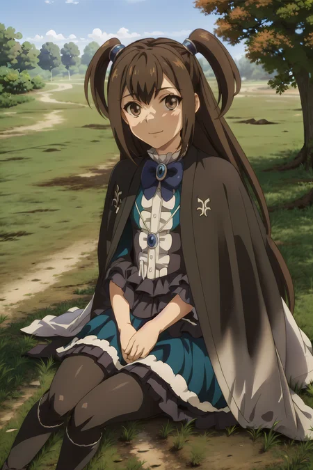 masterpiece, best quality, KizunaKazayama, 1girl, solo, long hair, looking at viewer, smile, closed mouth, brown hair, outdoors, dress, brown eyes, cape, black pantyhose, lying on grass, pov, <lora:KizunaKazayamaLora:0.9>