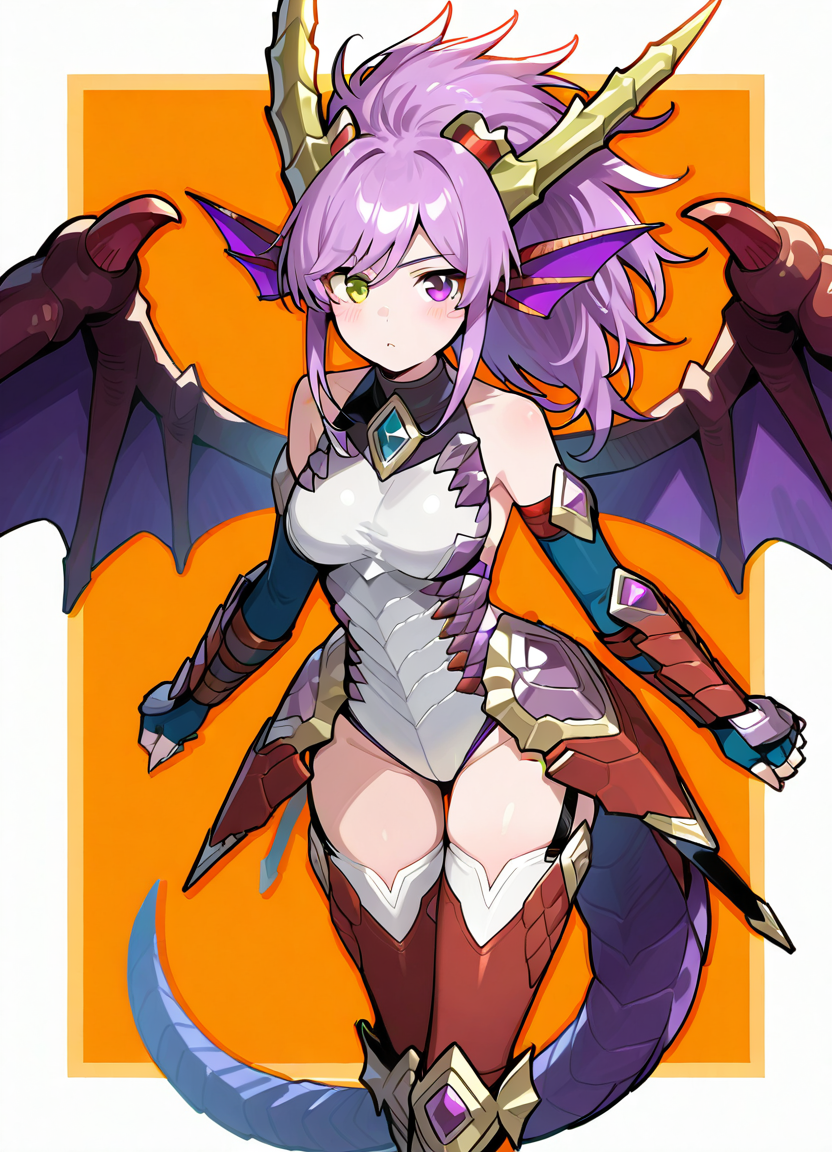 HDA_MasterpieceXL_v1.2,  <lora:Sonia_-_Puzzles__Dragons:1> soniapyd, 1girl, head fins, bare shoulders, dragon_girl, dragon_horns, dragon_tail, dragon_wings, armored gloves, fingerless_gloves, heterochromia, large horns, armored leotard, medium breasts, long hair, purple hair, purple wings, red thighhighs, armored boots with claws, garter straps,