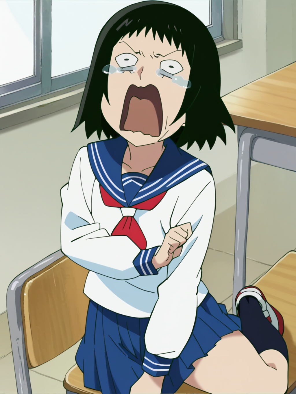 score_9, score_8_up, score_7_up, score_6_up, score_5_up, score_4_up,,  source_anime,rating_safe,, ,
, BREAK, uncensored,
1man,1girl, , open mouth, looking at viewer, ,
 <lora:mobp_kuratatome:1>, kuratatome, medium hair,  black hair, sanpaku, black legwear, blue skirt, long sleeves, pleated skirt,  school uniform, serafuku,  anime screencap, 
solo,  
classroom,
 <lora:concept_aquascreaming_ponyXL:1>,aquascreaming, screaming, open mouth, crying with eyes open