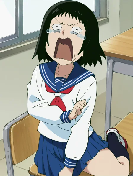 score_9, score_8_up, score_7_up, score_6_up, score_5_up, score_4_up,, source_anime,rating_safe,, ,
, BREAK, uncensored,
1man,1girl, , open mouth, looking at viewer, ,
<lora:mobp_kuratatome:1>, kuratatome, medium hair, black hair, sanpaku, black legwear, blue skirt, long sleeves, pleated skirt, school uniform, serafuku, anime screencap,
solo,
classroom,
<lora:concept_aquascreaming_ponyXL:1>,aquascreaming, screaming, open mouth, crying with eyes open