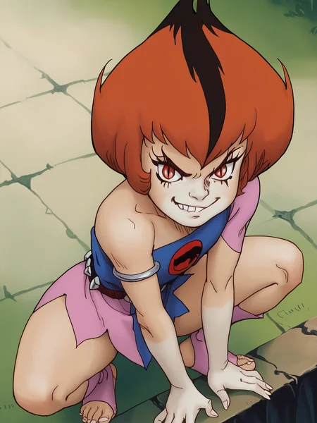 score_9, score_8_up, score_7_up, <lora:10_wilykit_pdxl_16:1> 1girl, solo, w1lyk1t, black striped red hair, red eyes, slit pupils, w1lyk1t tunic, bare shoulder, hips,w1lyk1t open toe footwear, view from above, crouching, pointed toes, smirk, teeth
