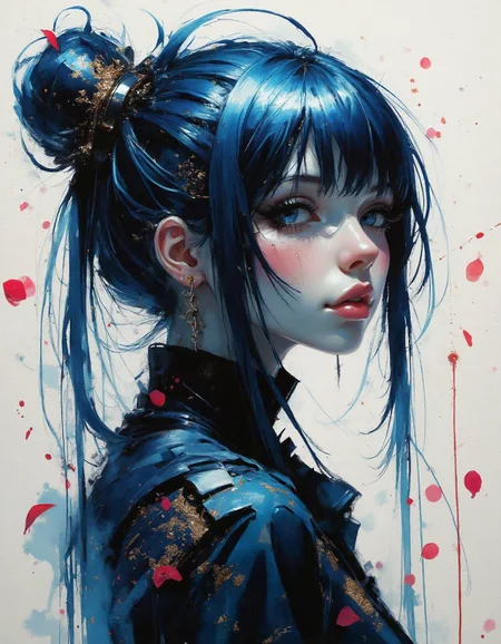 Sensational realistic extreme closeup anime painting of a woman, Long expressive painterly strokes, side view, looking away from viewer, abstract brush strokes, wide large blurred brush strokes, soft blush. dramatic lighting, blurred bokeh background, extreme up close, intimate, incredibly lifelike, dynamic flowing hair, ink smears, goosebumps, elegant long deep indigo hair, gorgeous composition, romanticized, white vignette effect, timeless beauty, confident yet fragile look as she gazes into the depths of the unknown. light pastel Steampunk Sapphire and Neon Nightshade motion blur background, cyberpunk themed background, floating golden glowing particles, floating red petal leaves