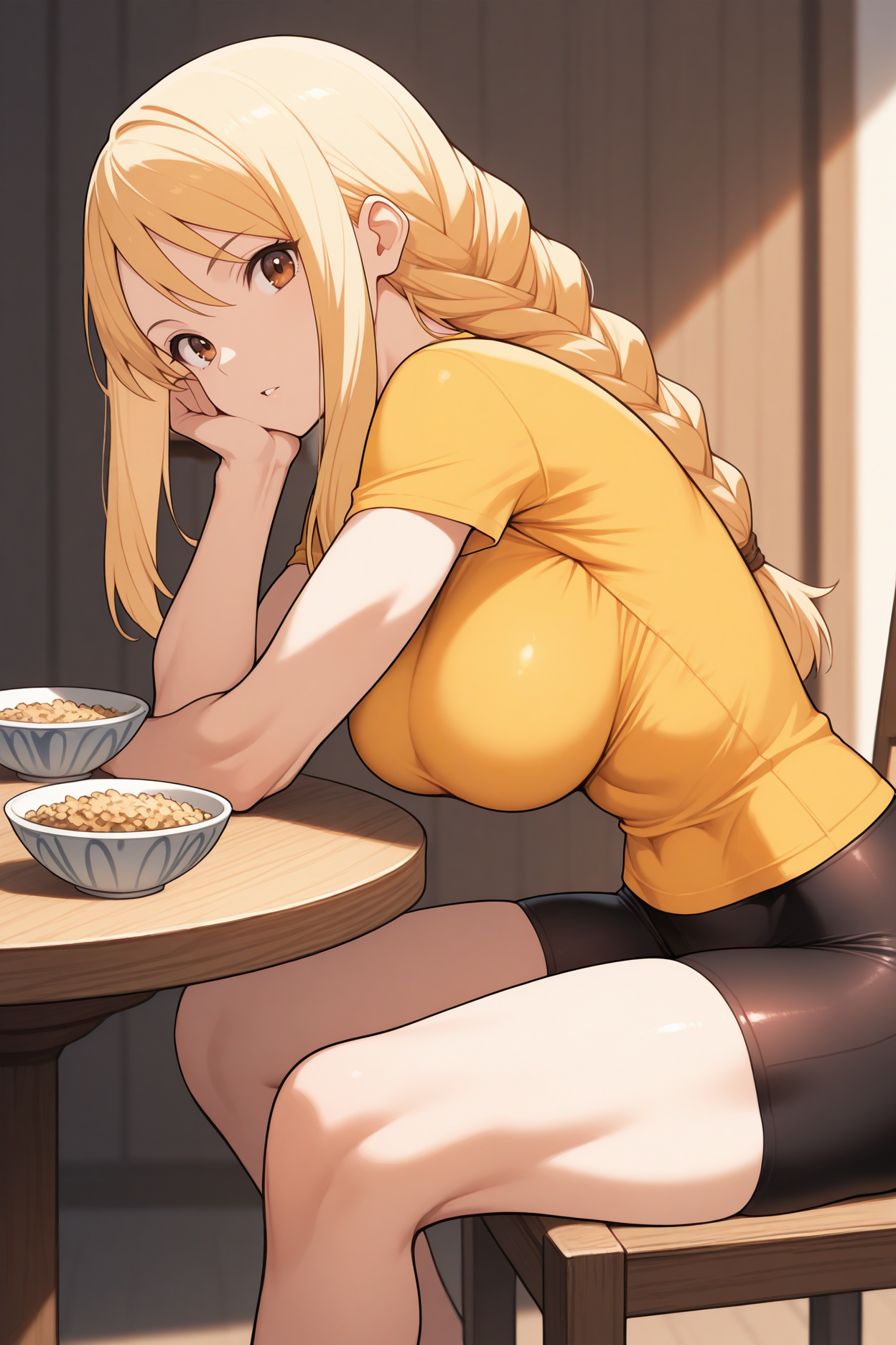 masterpiece, best quality, 1girl, solo, <lora:ffagrias-illu-nvwls-v1-000006:1> fftag, blonde hair, braided ponytail, sidelocks, long hair, brown eyes, large breasts, yellow t-shirt, toned, bike shorts, looking at viewer, wooden chair, table, sitting, head rest, parted lips, bowl of cereal